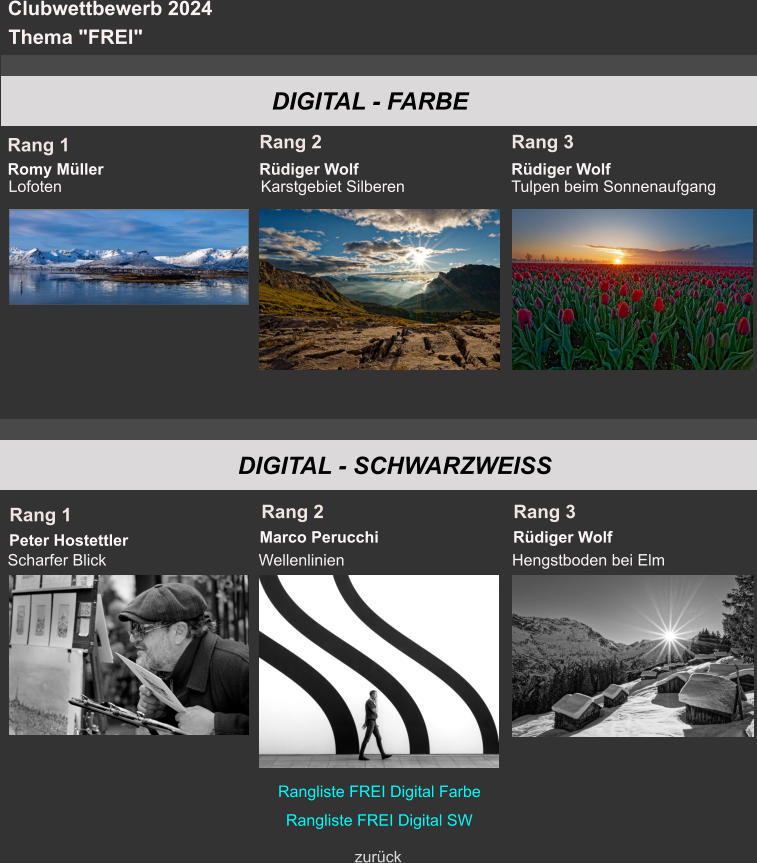 Clubwettbewerb 2024 Thema "FREI" DIGITAL - FARBE  Romy Müller  Lofoten  Rüdiger Wolf  Karstgebiet Silberen  Rüdiger Wolf  Tulpen beim Sonnenaufgang Rang 1 Rang 2 Rang 3  Peter Hostettler  Marco Perucchi  Rüdiger Wolf DIGITAL - SCHWARZWEISS Rang 1 Rang 2 Rang 3     Rangliste FREI Digital Farbe  zurück Scharfer Blick Wellenlinien Hengstboden bei Elm Rangliste FREI Digital SW